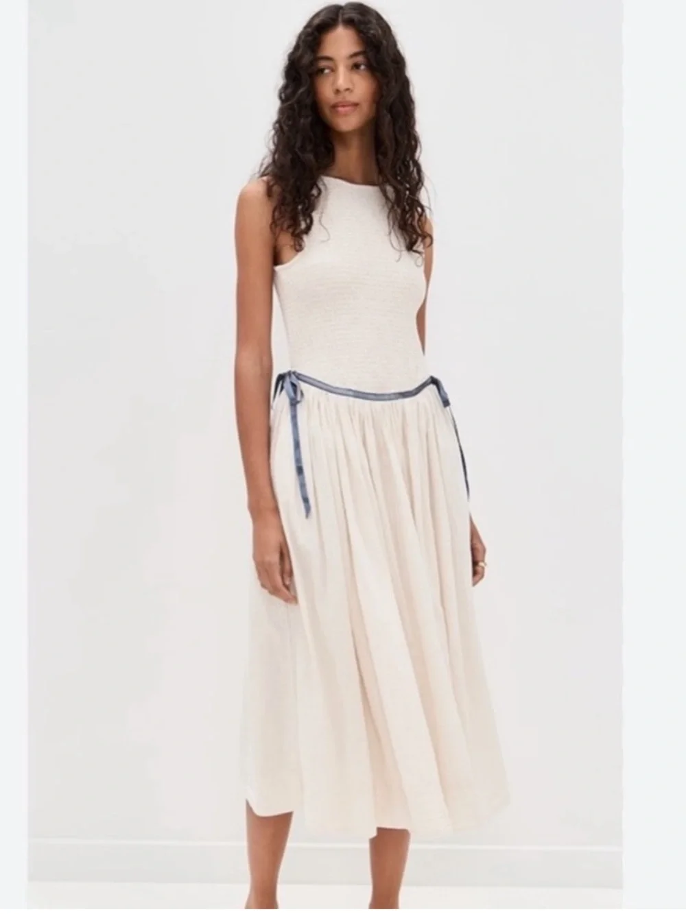 NWOT Free People Nightingale Solid Midi Dress with Navy Tie - Picture 1 of 13